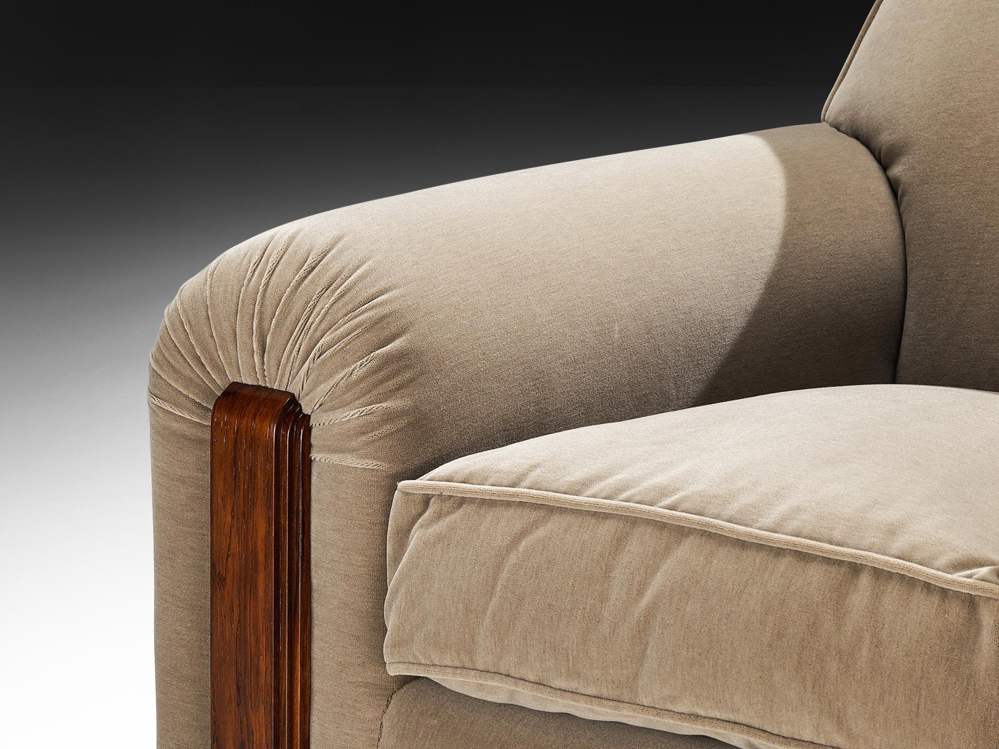 Jean Pascaud Rare Pair of Lounge Chairs in Taupe Velvet For Sale 1
