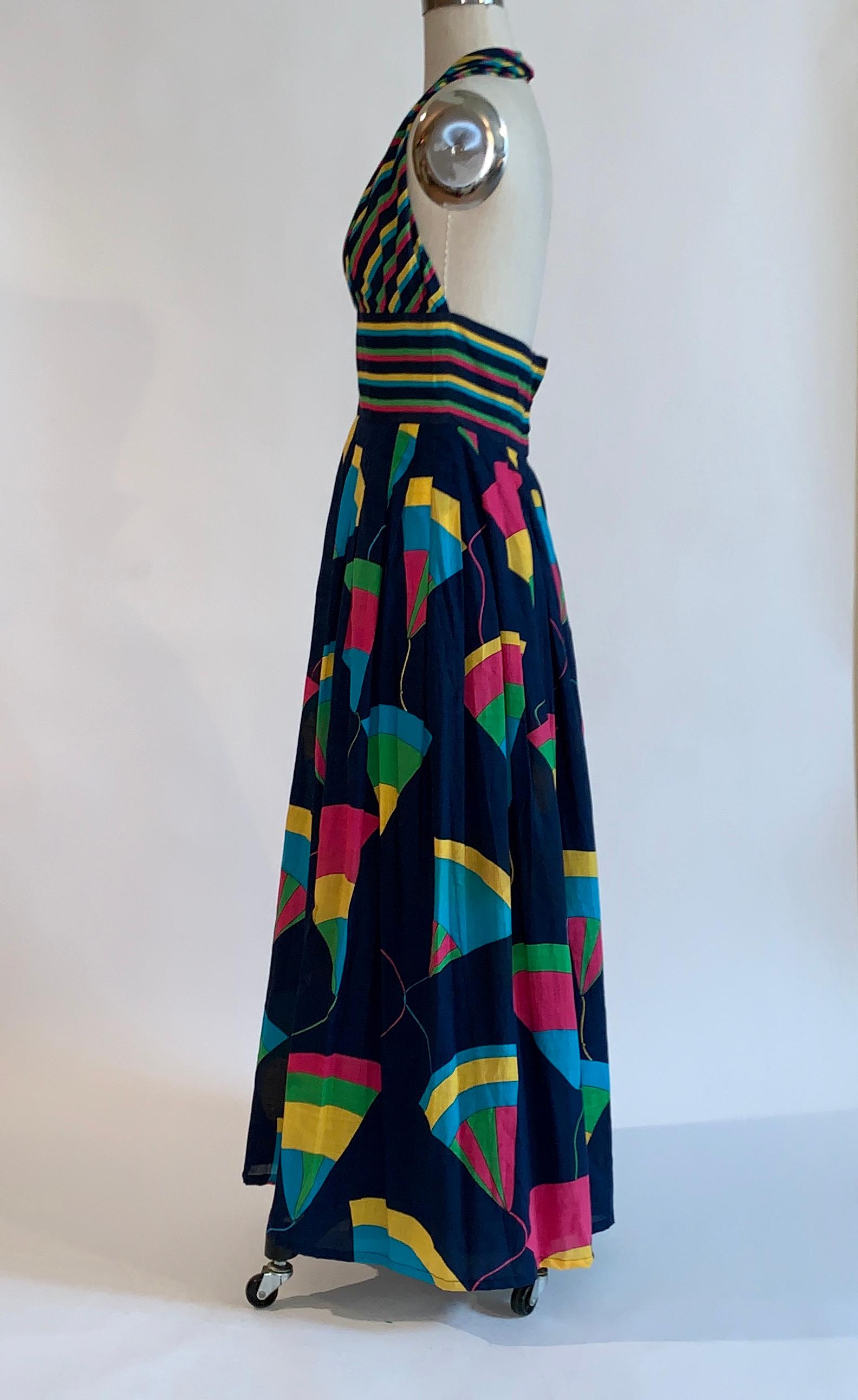 Black Jean Patou 1970s Navy Geometric Print Halter Top  Maxi Sun Dress