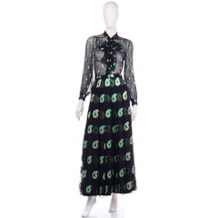 Jean Patou 2pc Black Gold & Green Paisley Dot Metallic Silk Dress w Sheer Blouse
