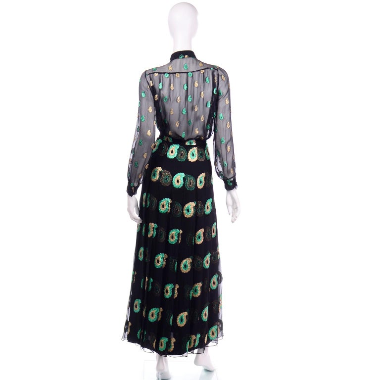 Women's Jean Patou 2pc Black Gold & Green Paisley Dot Metallic Silk Dress w Sheer Blouse For Sale