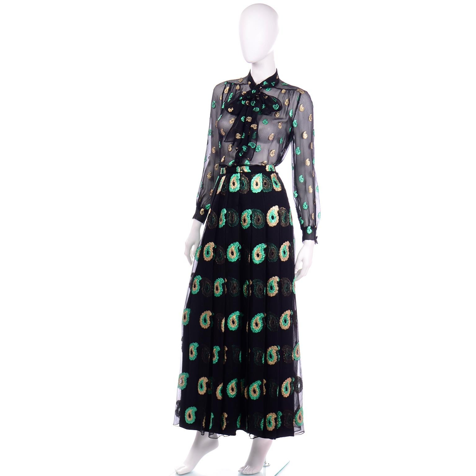 Jean Patou 2pc Black Gold & Green Paisley Dot Metallic Silk Dress w Sheer Blouse In Excellent Condition For Sale In Portland, OR