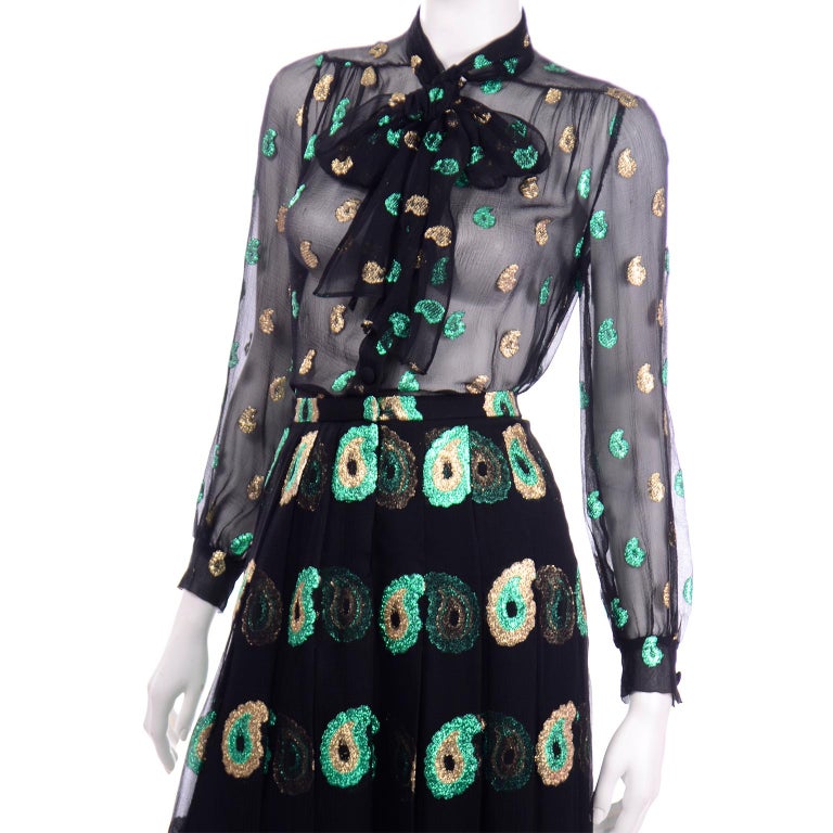 Jean Patou 2pc Black Gold & Green Paisley Dot Metallic Silk Dress w Sheer Blouse For Sale 2