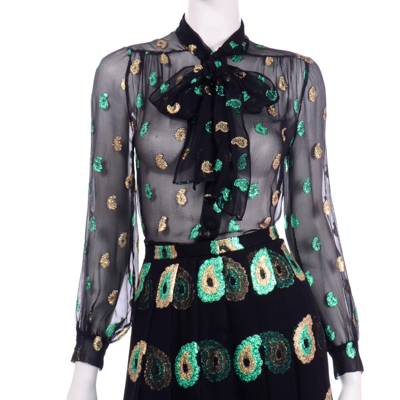 Jean Patou 2pc Black Gold & Green Paisley Dot Metallic Silk Dress w Sheer Blouse For Sale 1