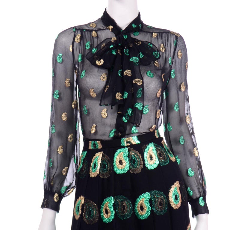 Jean Patou 2pc Black Gold & Green Paisley Dot Metallic Silk Dress w Sheer Blouse For Sale 3