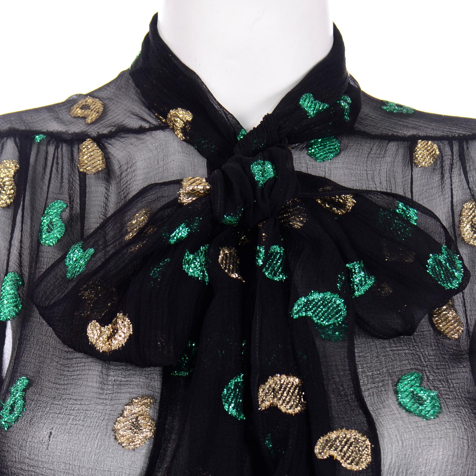 Jean Patou 2pc Black Gold & Green Paisley Dot Metallic Silk Dress w Sheer Blouse For Sale 2