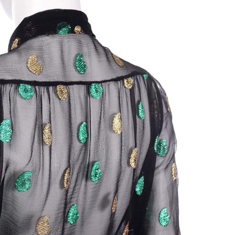 Jean Patou 2pc Black Gold & Green Paisley Dot Metallic Silk Dress w Sheer Blouse For Sale 5