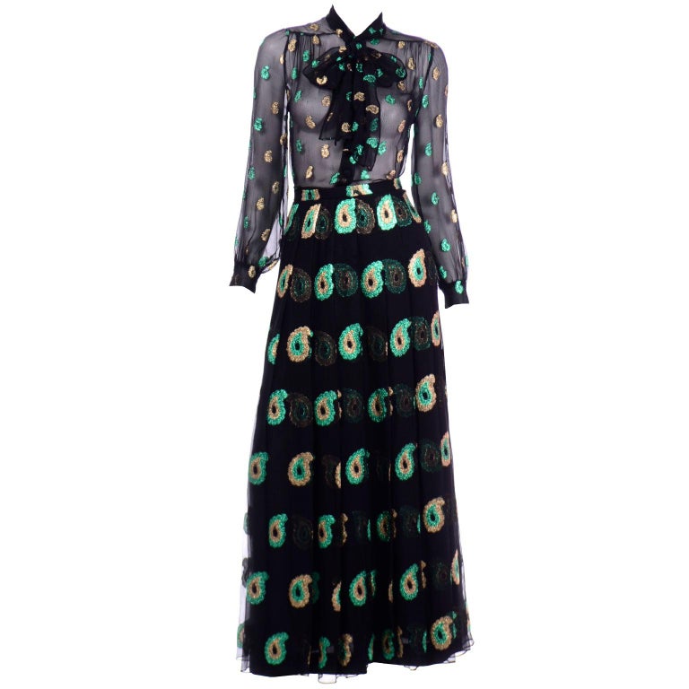 Jean Patou 2pc Black Gold & Green Paisley Dot Metallic Silk Dress w Sheer Blouse For Sale