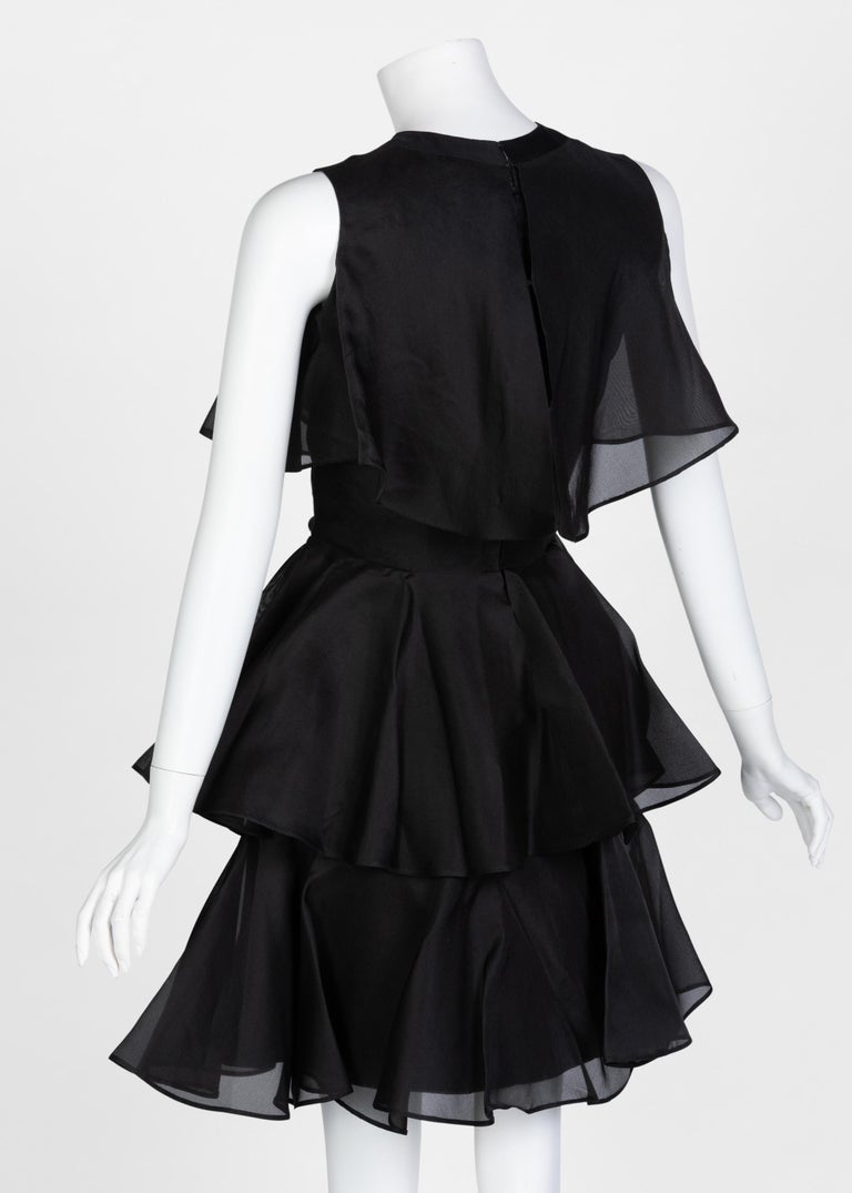 Jean Patou Black Organza Ruffle & Flounce Cocktail Dress, 1980s In Excellent Condition For Sale In Boca Raton, FL