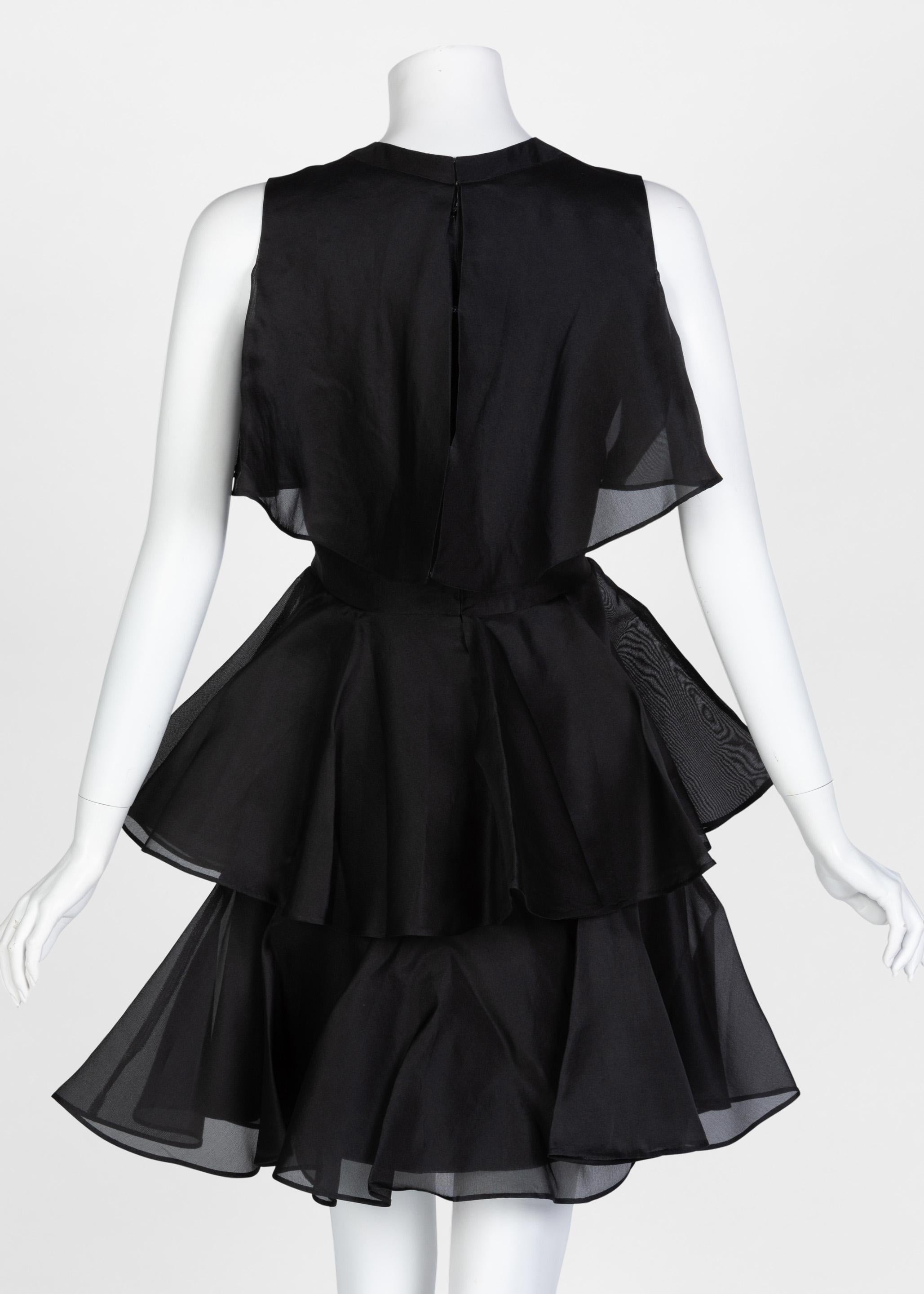 Women's Jean Patou Black Organza Ruffle & Flounce Cocktail Dress, 1980s For Sale