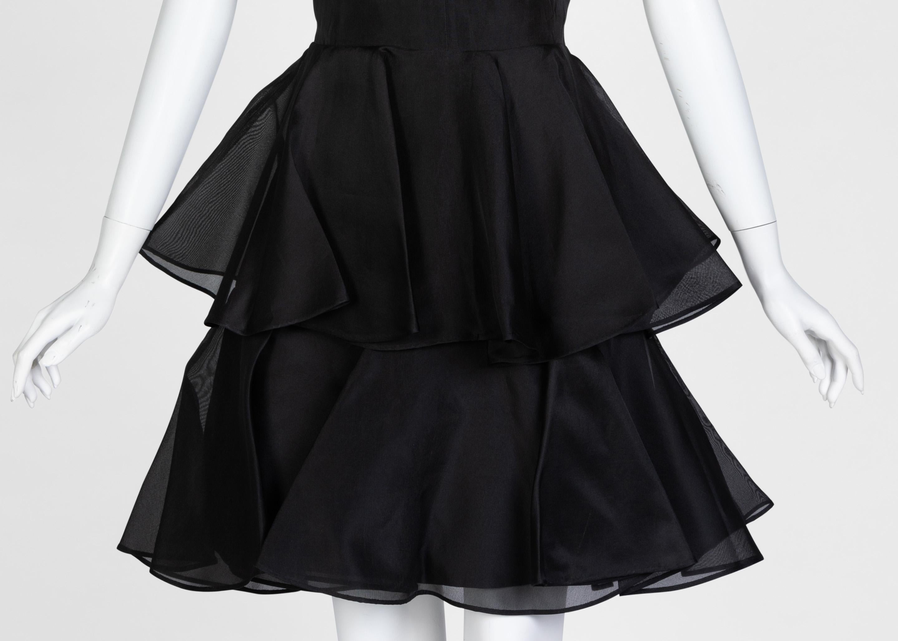 Jean Patou Black Organza Ruffle & Flounce Cocktail Dress, 1980s For Sale 2