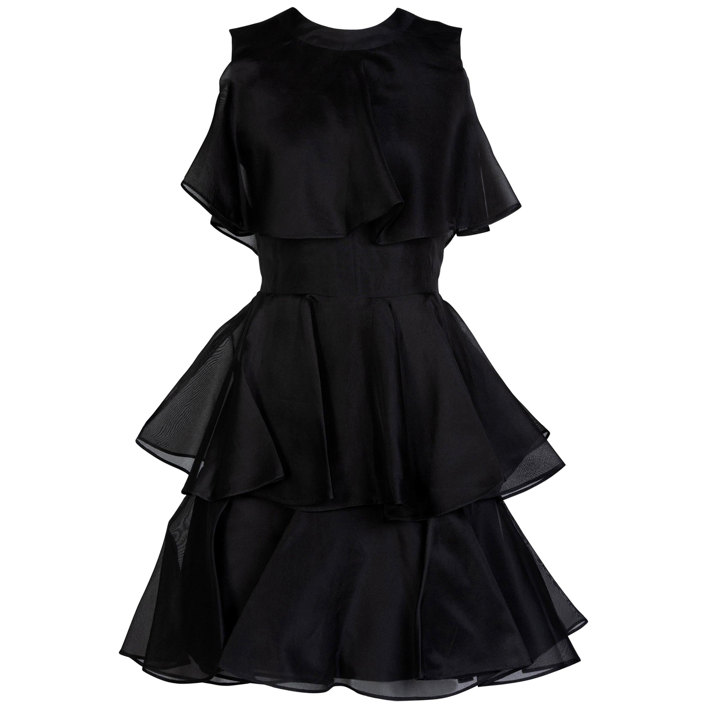 Jean Patou Black Organza Ruffle & Flounce Cocktail Dress, 1980s For Sale