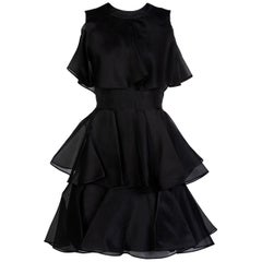 Jean Patou Black Organza Ruffle & Flounce Cocktail Dress, 1980s