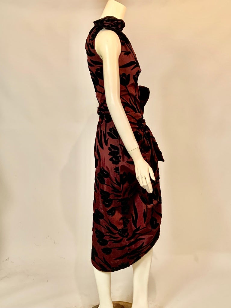 Jean Patou Boutique Aubergine Draped Silk Dress with Black  Velvet Tulips For Sale 6
