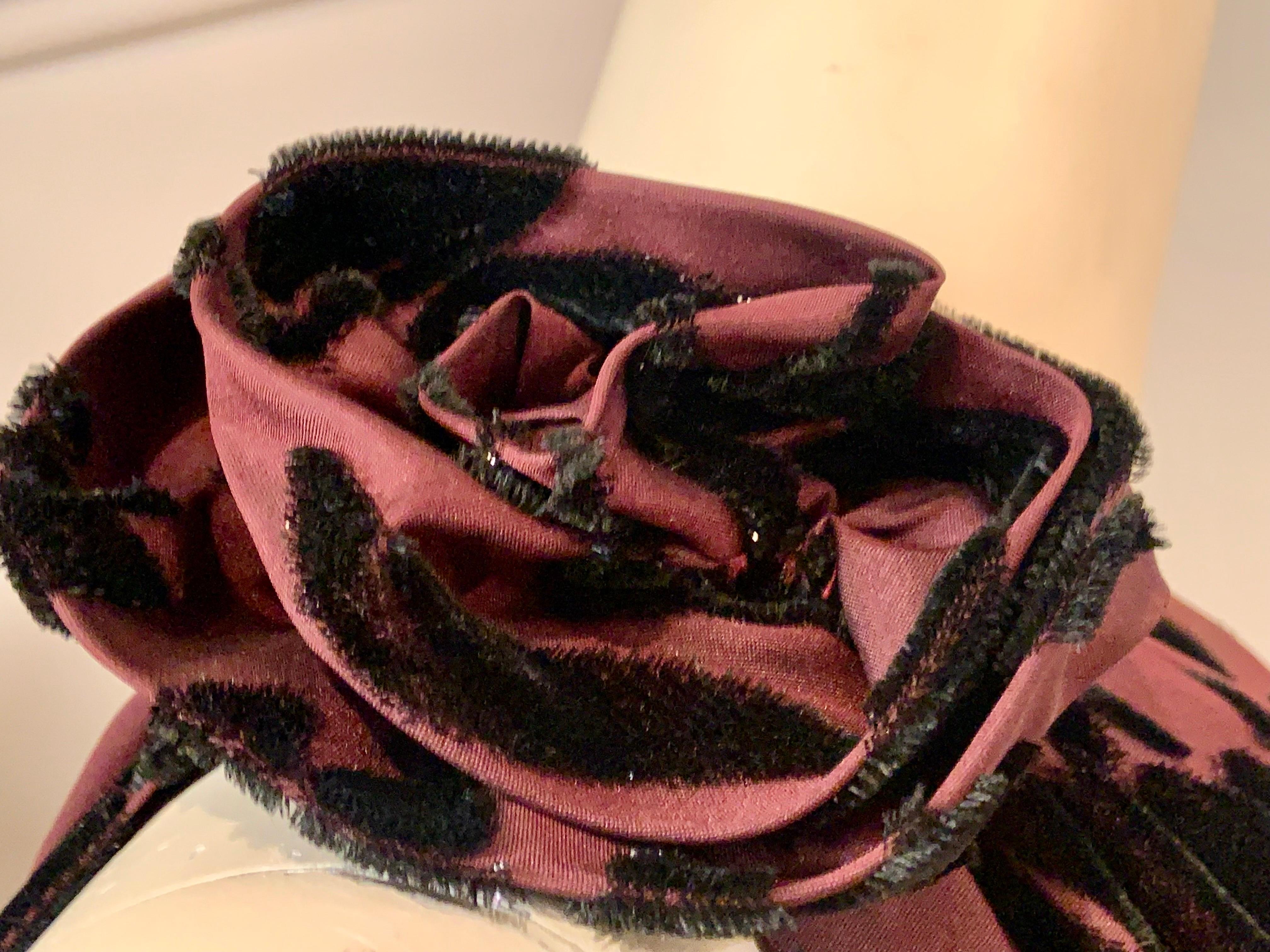 Jean Patou Boutique Aubergine Draped Silk Dress with Black  Velvet Tulips 7