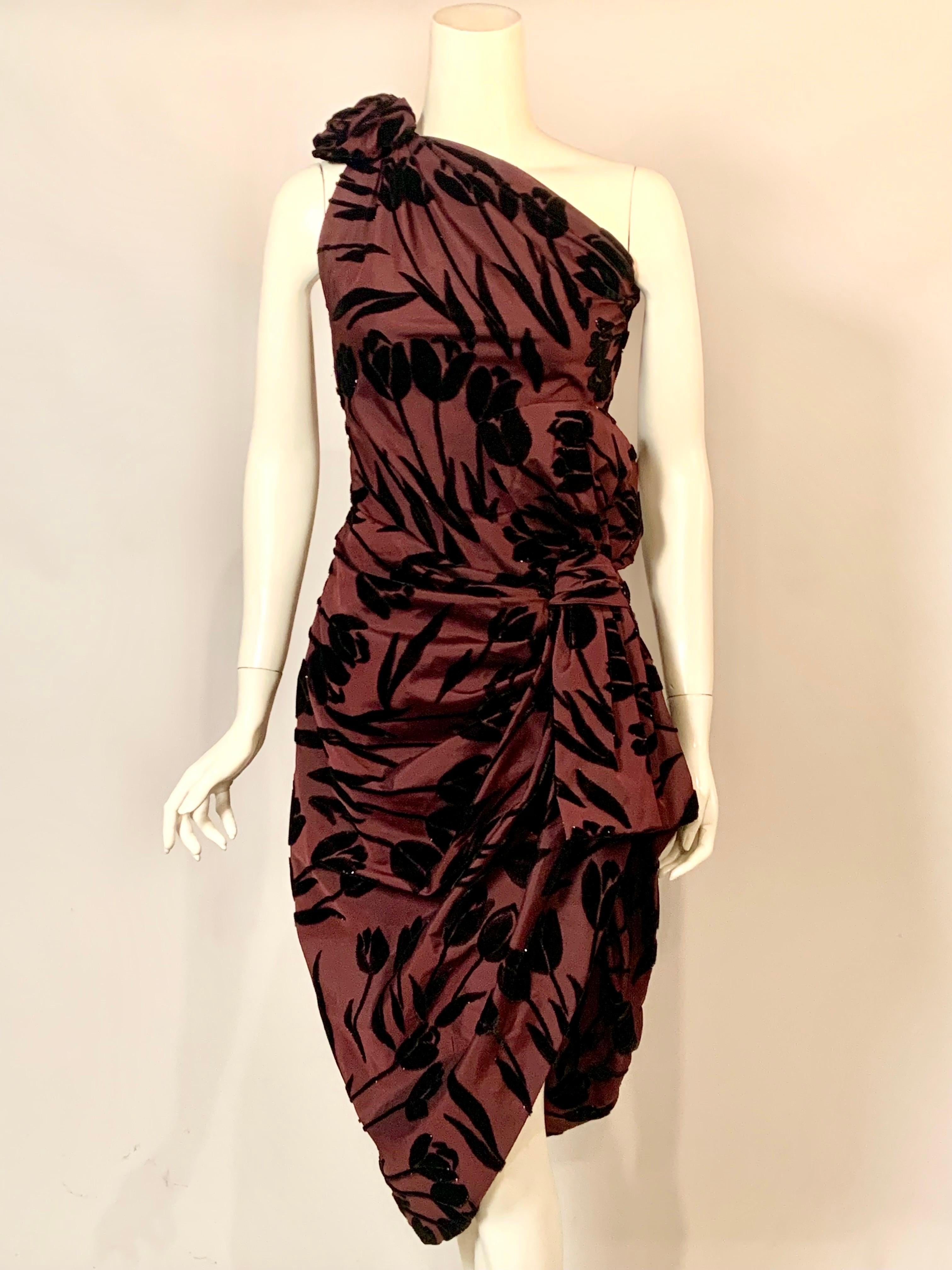 Jean Patou Boutique Aubergine Draped Silk Dress with Black  Velvet Tulips In Excellent Condition In New Hope, PA