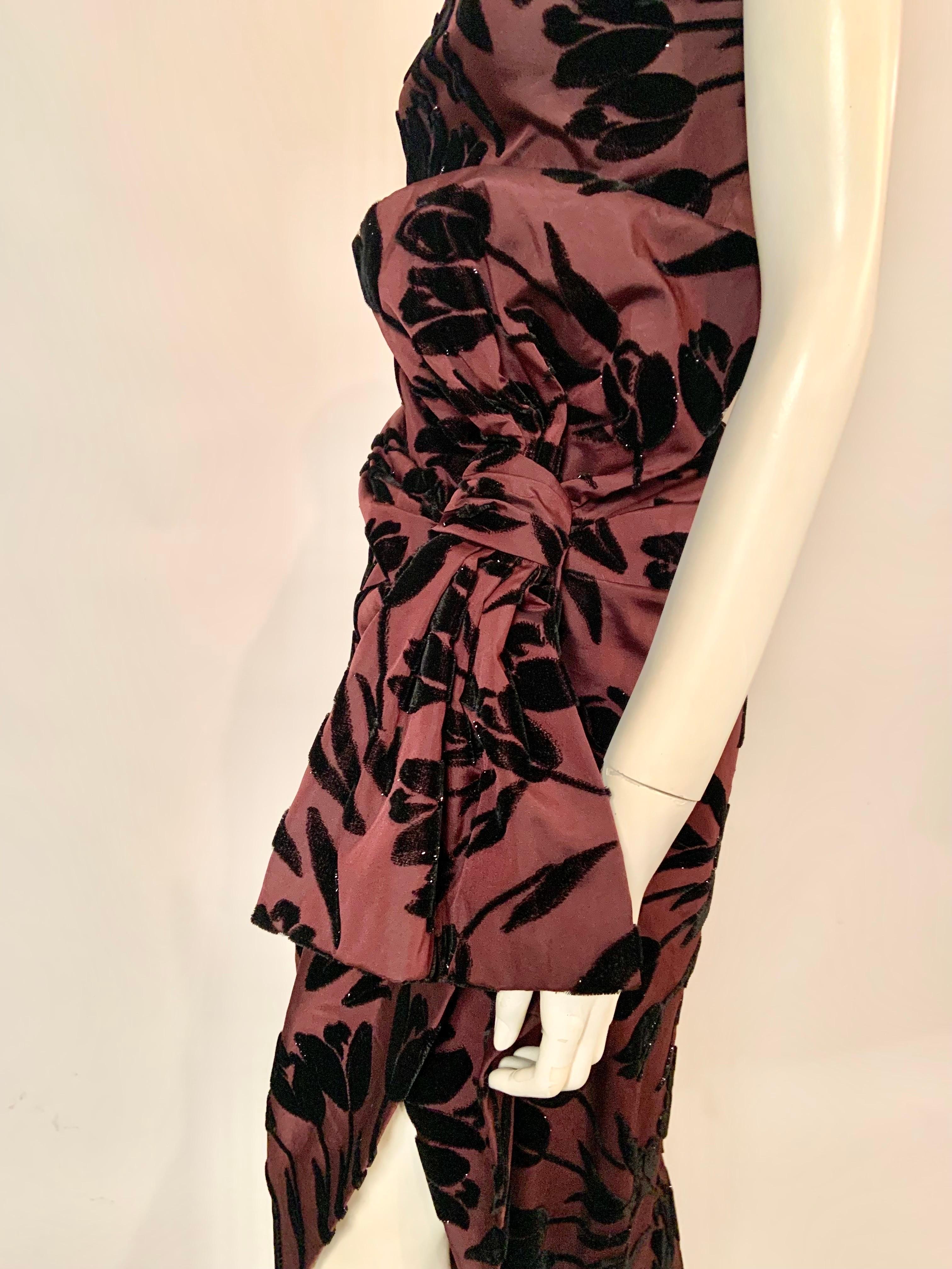 Jean Patou Boutique Aubergine Draped Silk Dress with Black  Velvet Tulips 1