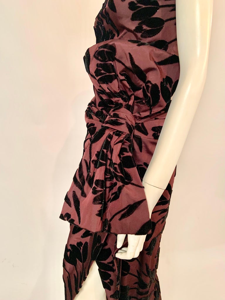 Jean Patou Boutique Aubergine Draped Silk Dress with Black  Velvet Tulips For Sale 1