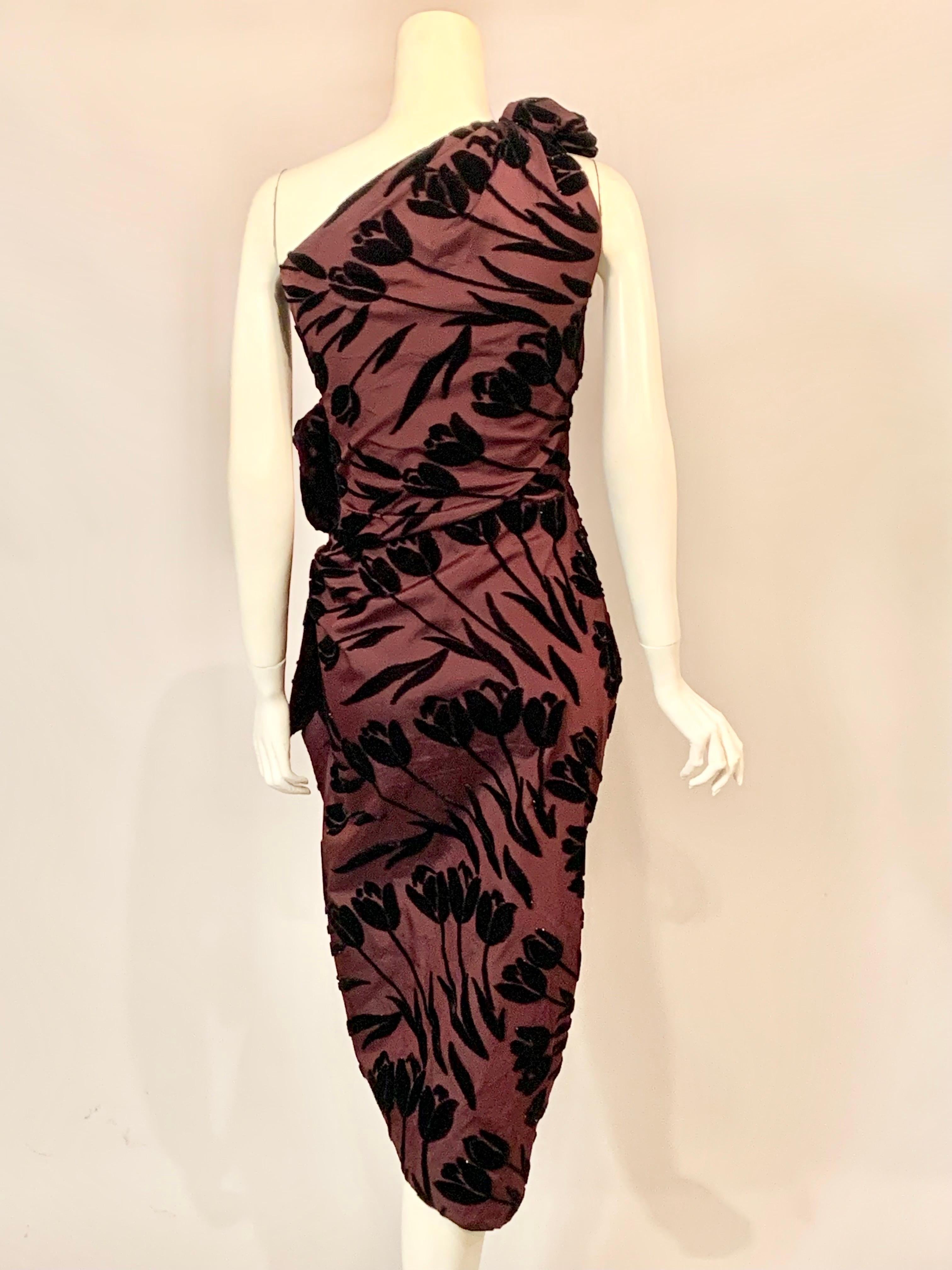 Jean Patou Boutique Aubergine Draped Silk Dress with Black  Velvet Tulips 2