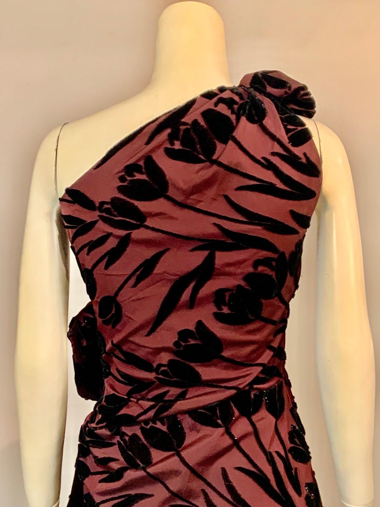 Jean Patou Boutique Aubergine Draped Silk Dress with Black  Velvet Tulips For Sale 3