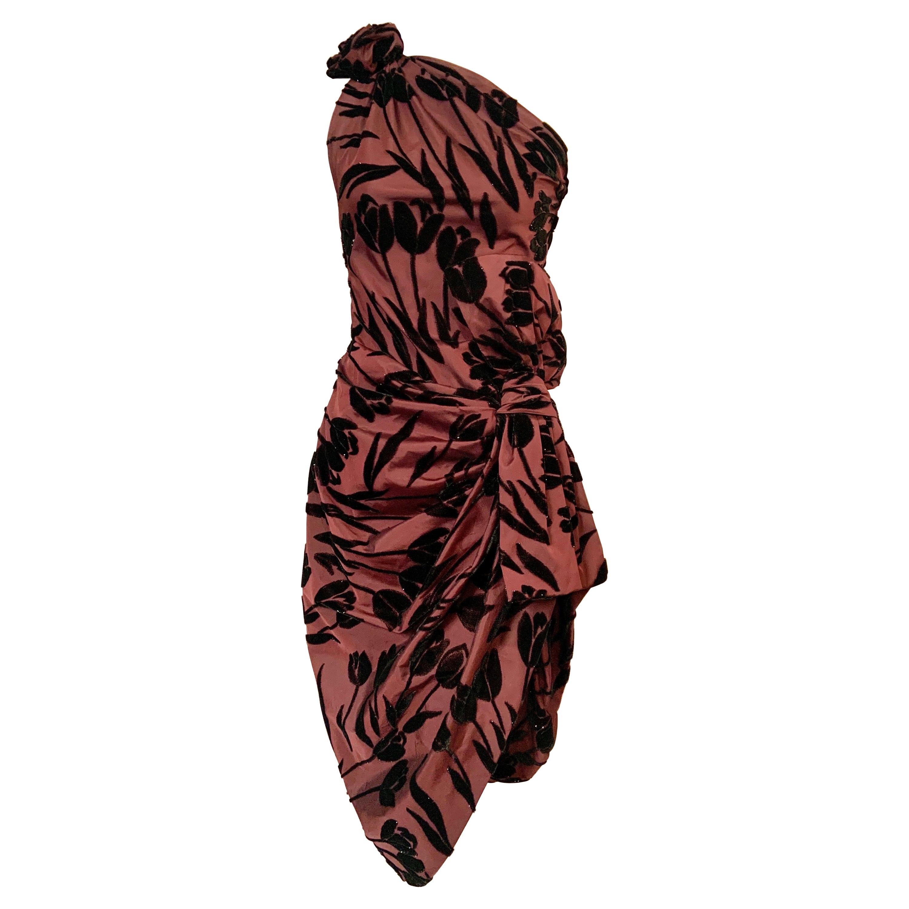 Jean Patou Boutique Aubergine Draped Silk Dress with Black  Velvet Tulips
