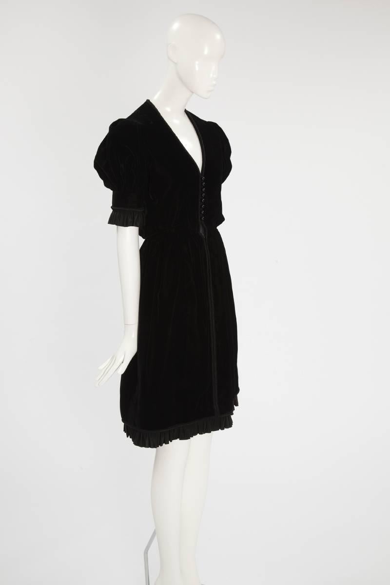 Jean Patou Braided & Ruffled Velvet Little Black Dress, Circa 1968 In Good Condition For Sale In Geneva, CH