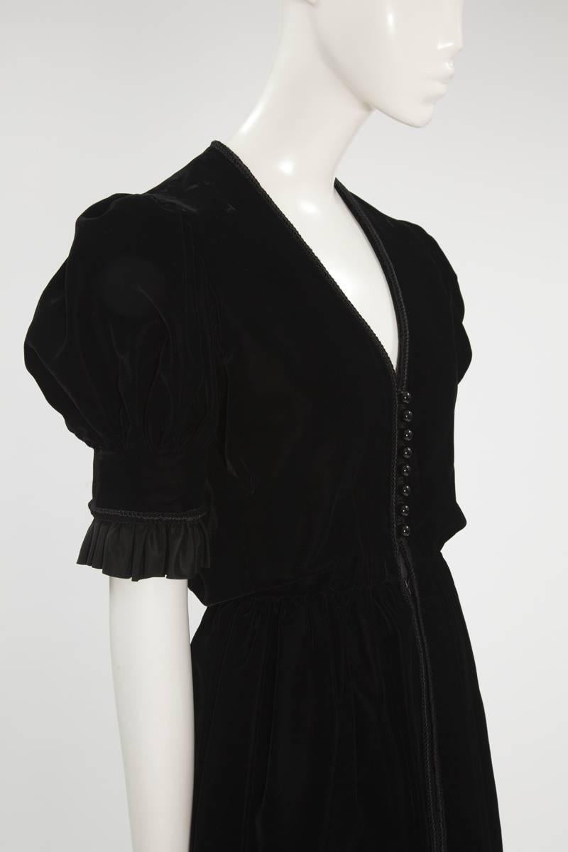 Women's Jean Patou Braided & Ruffled Velvet Little Black Dress, Circa 1968 For Sale