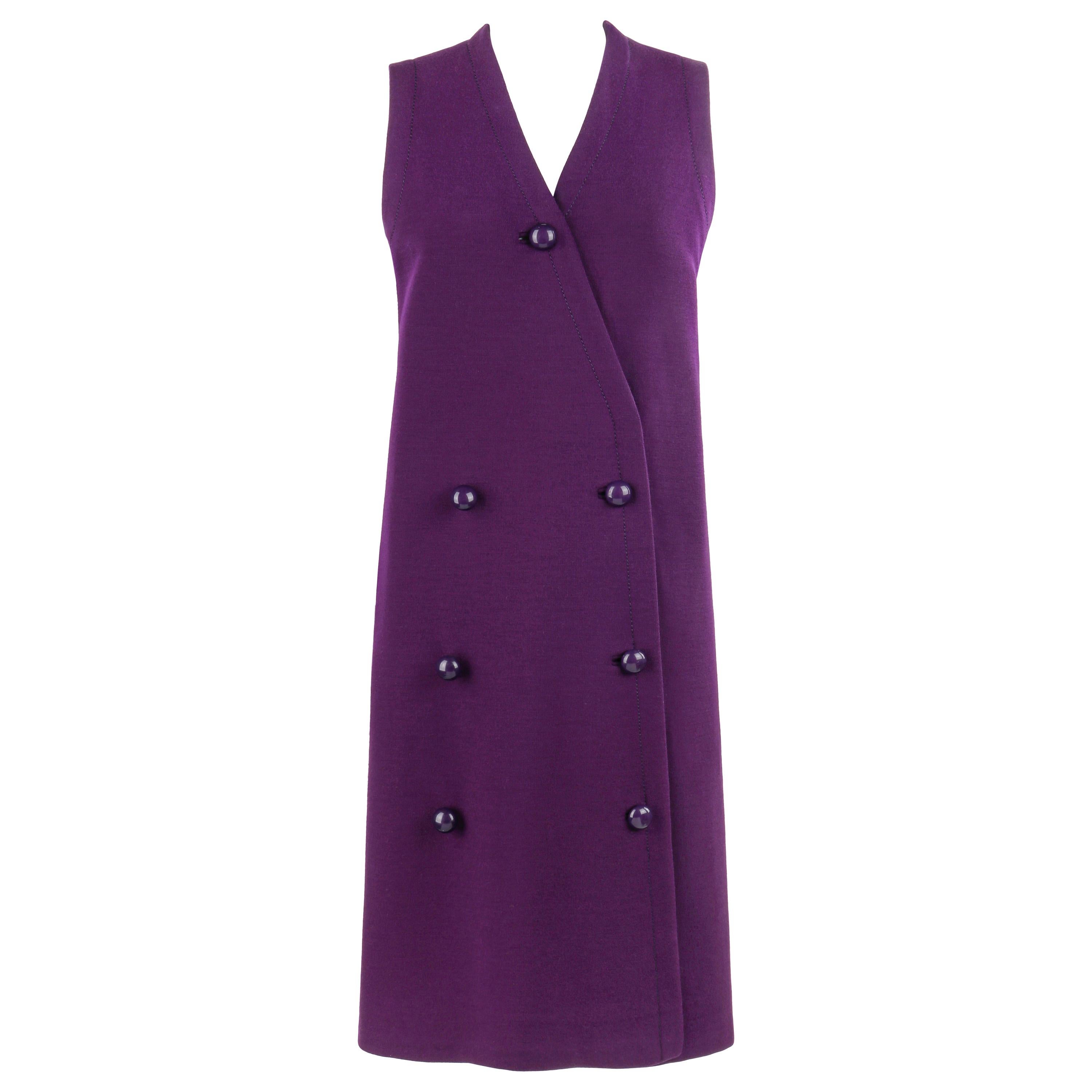 JEAN PATOU c.1960's Purple Sleeveless Double Breasted Button Up Mod Shift Dress For Sale