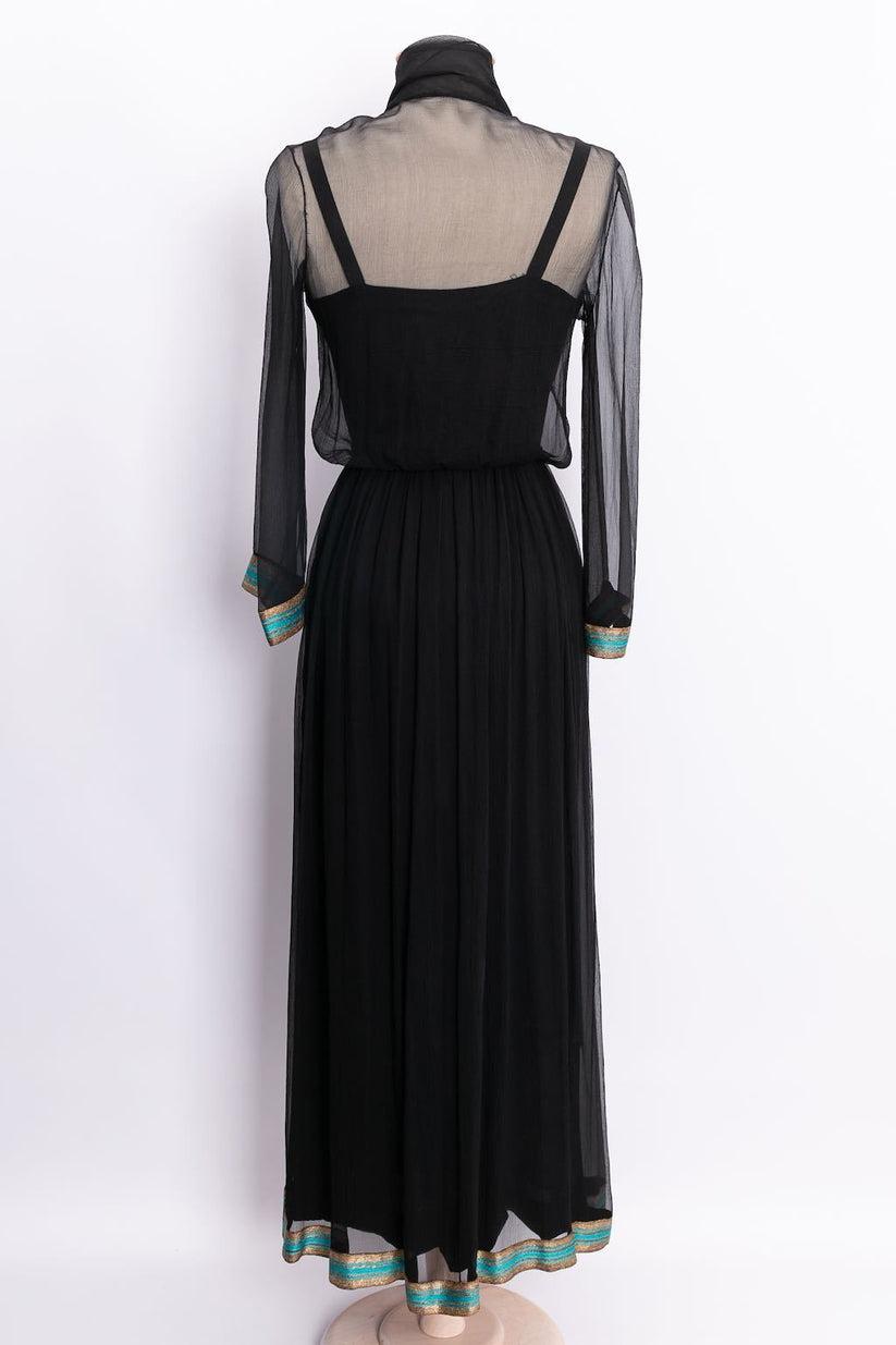 Black Jean Patou Haute Couture Silk Chiffon Butterfly Pattern Dress For Sale