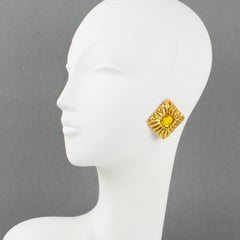 Jean Patou Paris Gilt Metal Sun Clip Earrings with Yellow Poured Glass Cabochon