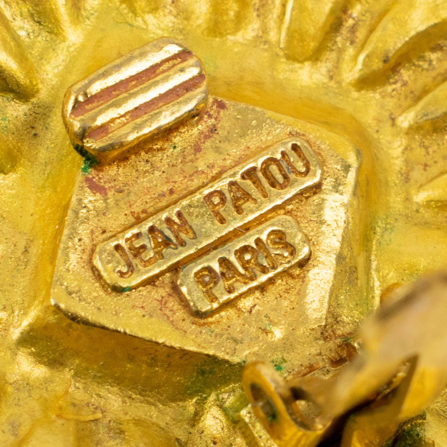 Jean Patou Paris Gilt Metal Sun Clip Earrings with Yellow Poured Glass Cabochon In Good Condition For Sale In Atlanta, GA