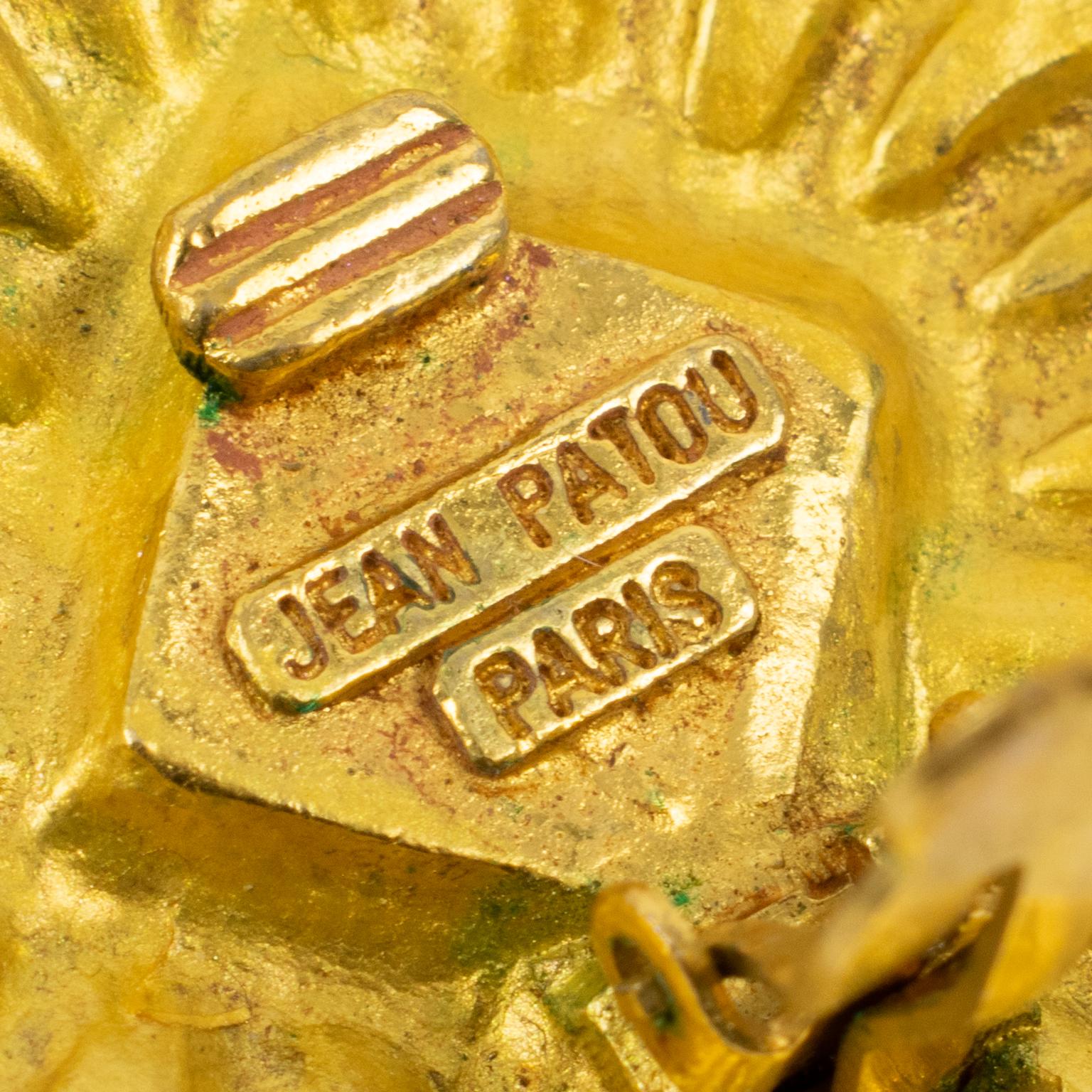 Women's Jean Patou Paris Gilt Metal Sun Clip Earrings with Yellow Poured Glass Cabochon For Sale