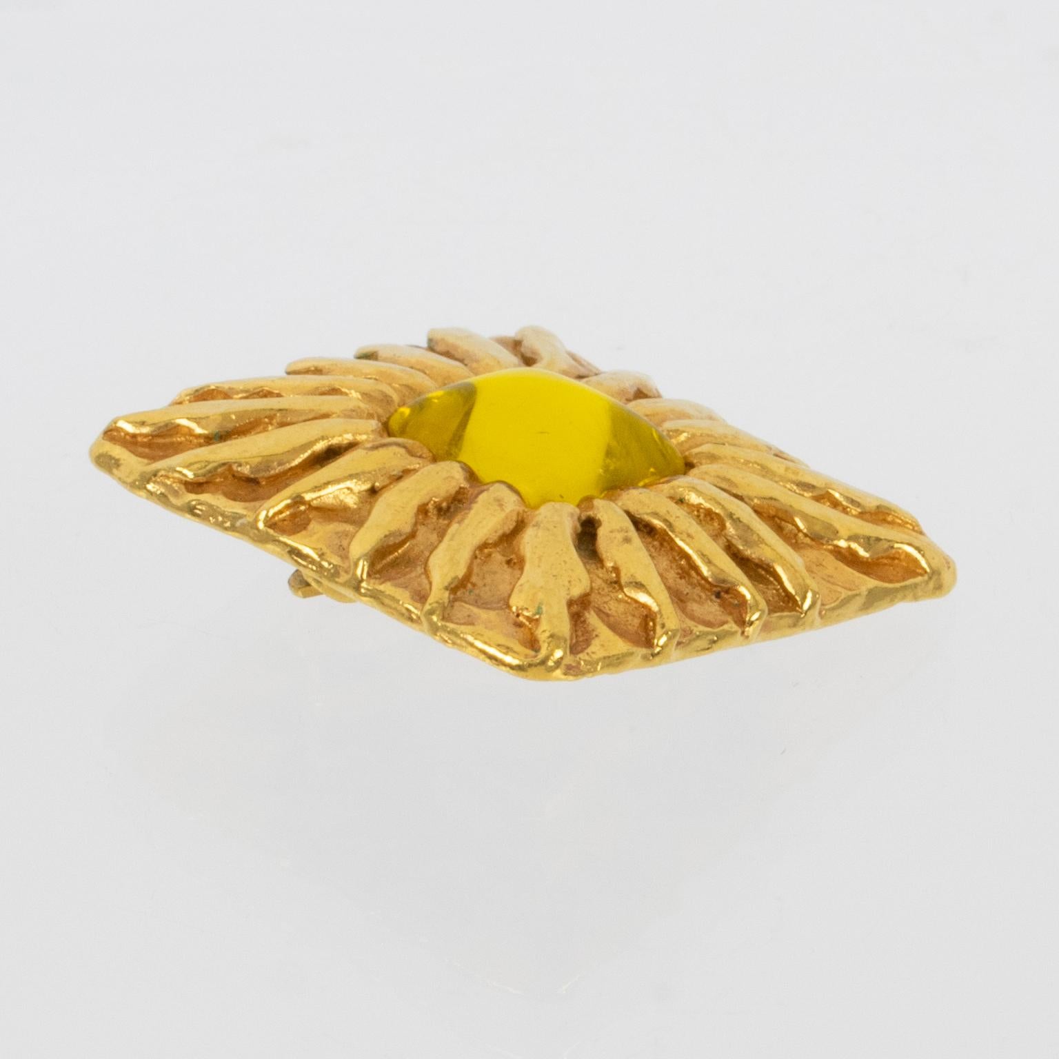 Jean Patou Paris Gilt Metal Sun Clip Earrings with Yellow Poured Glass Cabochon For Sale 1