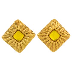 Jean Patou Paris Gilt Metal Sun Clip Earrings with Yellow Poured Glass Cabochon