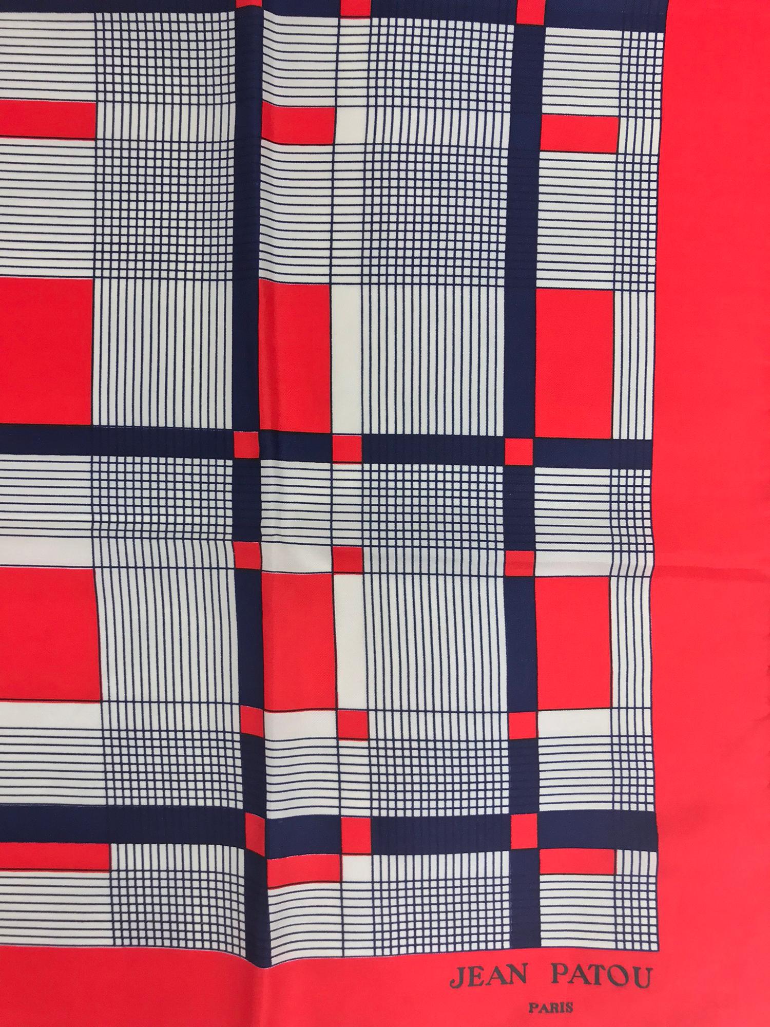 Jean Patou Red White and Blue Geometric Silk Scarf 1970s In Excellent Condition In West Palm Beach, FL