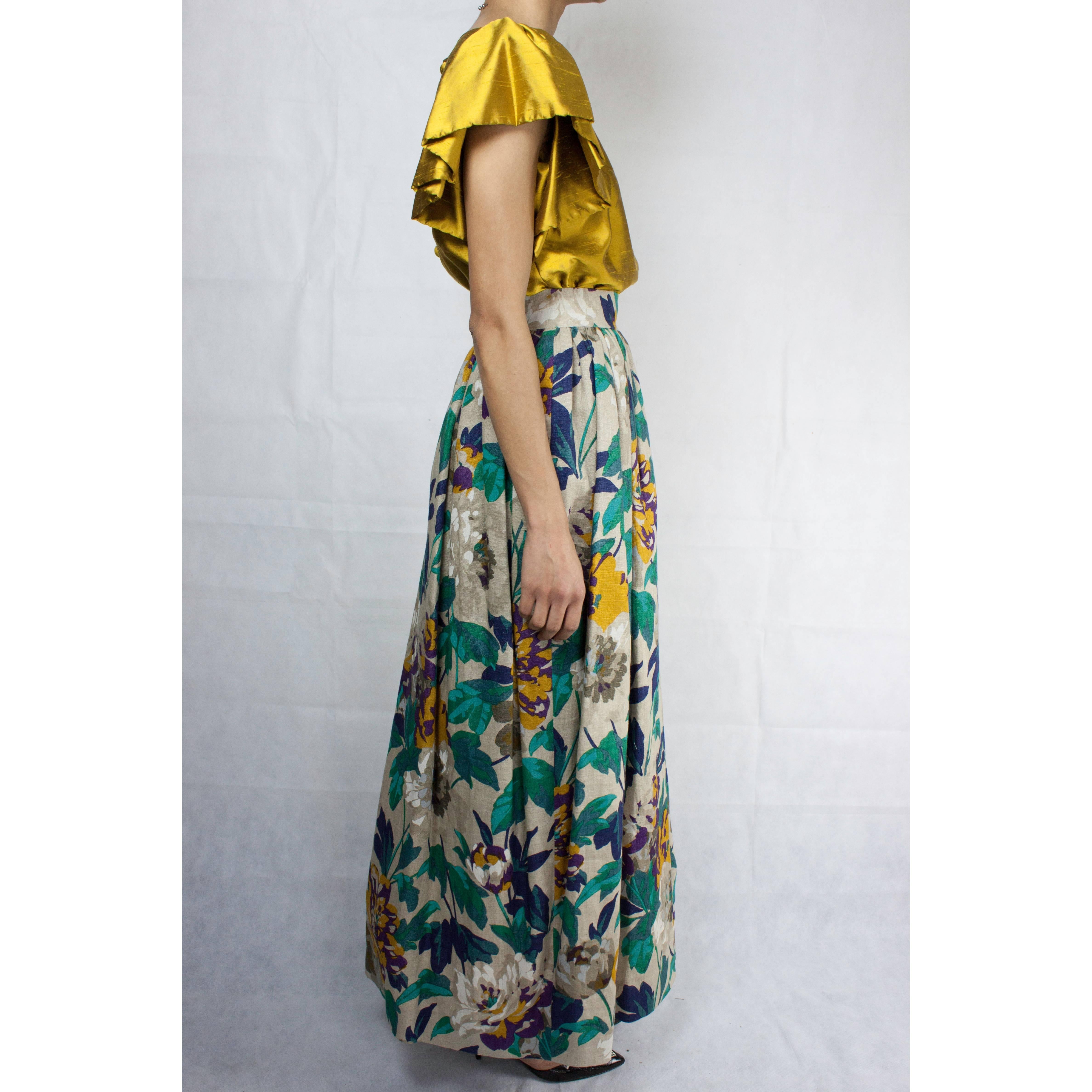 Brown Jean Patou  silk gold top and natural linen Maxi-skirt evening ensemble, c.1970s For Sale