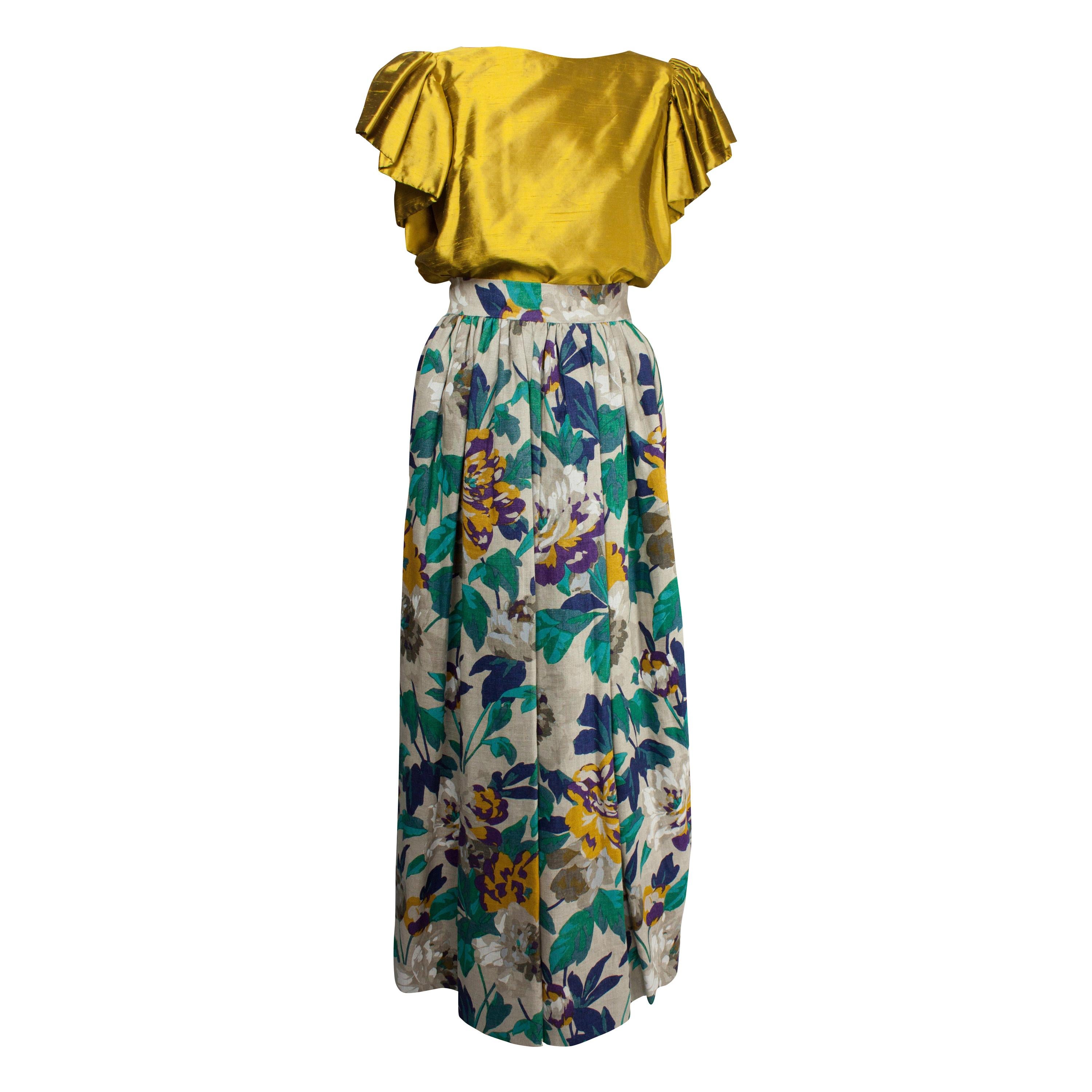 Jean Patou  silk gold top and natural linen Maxi-skirt evening ensemble, c.1970s For Sale