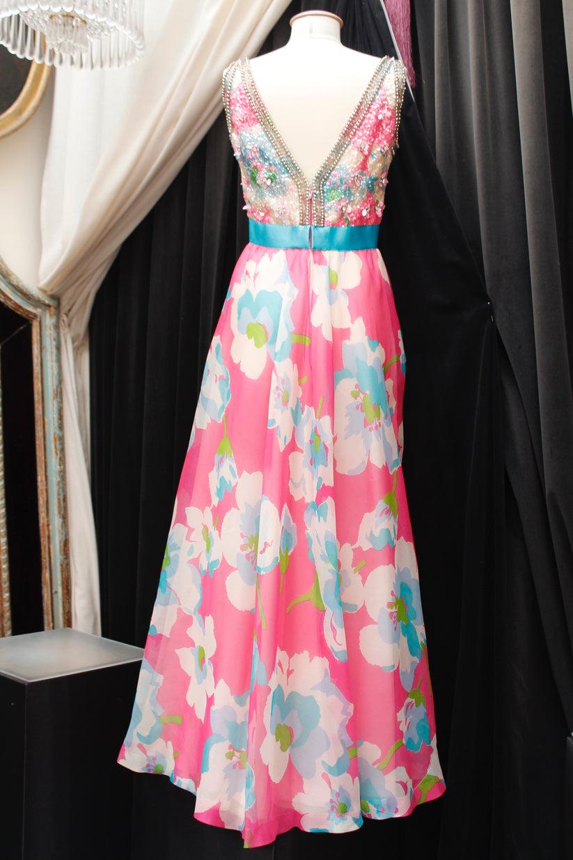 Jean Patou Taffeta Embroidered Dress, Size 38 In Excellent Condition For Sale In SAINT-OUEN-SUR-SEINE, FR