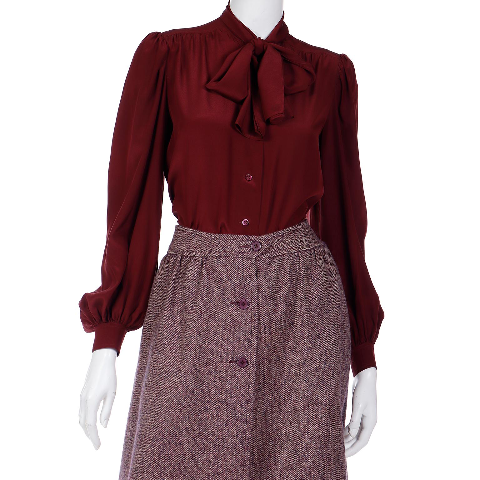 Jean Patou Vintage 3 Piece Burgundy Plaid Culotte Skirt Vest & Blouse Outfit For Sale 5