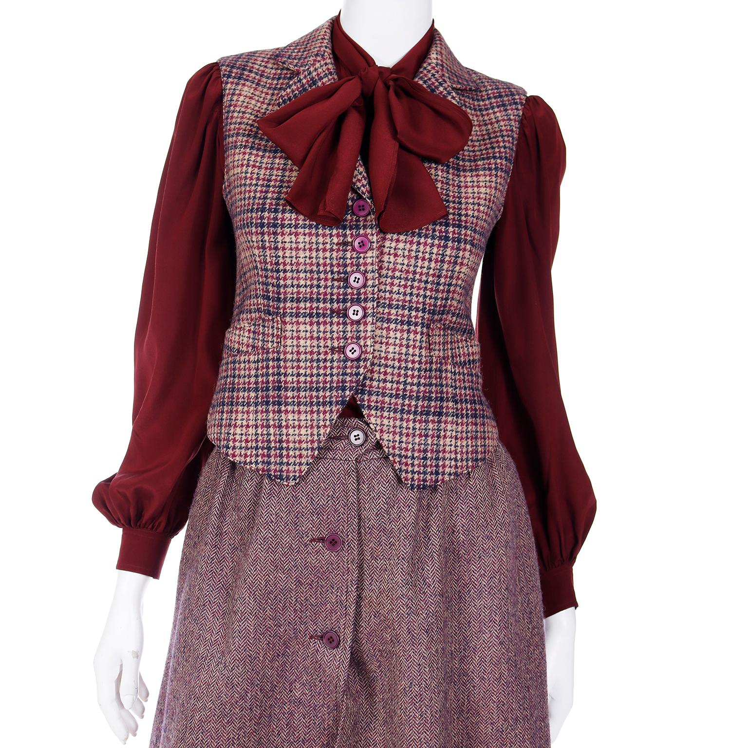 Jean Patou Vintage 3 Piece Burgundy Plaid Culotte Skirt Vest & Blouse Outfit For Sale 6