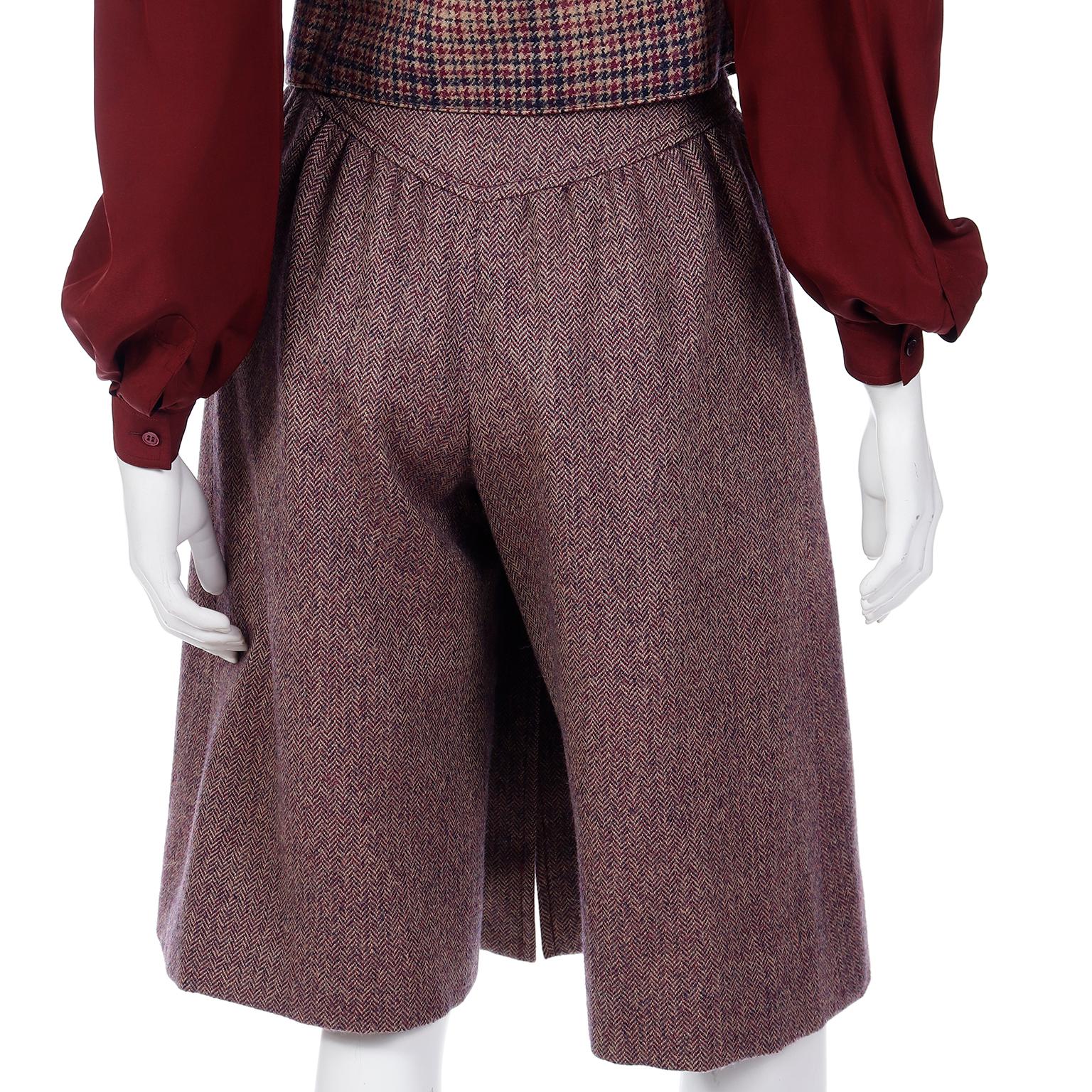 Jean Patou Vintage 3 Piece Burgundy Plaid Culotte Skirt Vest & Blouse Outfit For Sale 7