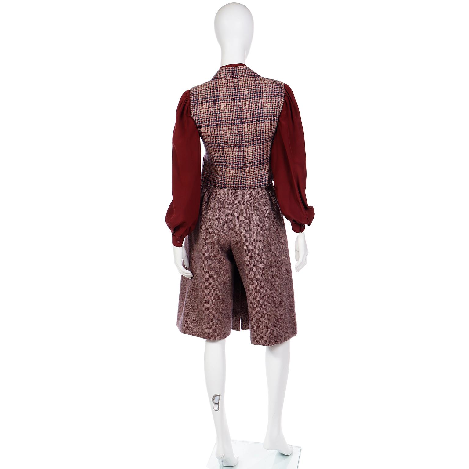 Jean Patou Vintage 3 Piece Burgundy Plaid Culotte Skirt Vest & Blouse Outfit In Excellent Condition For Sale In Portland, OR