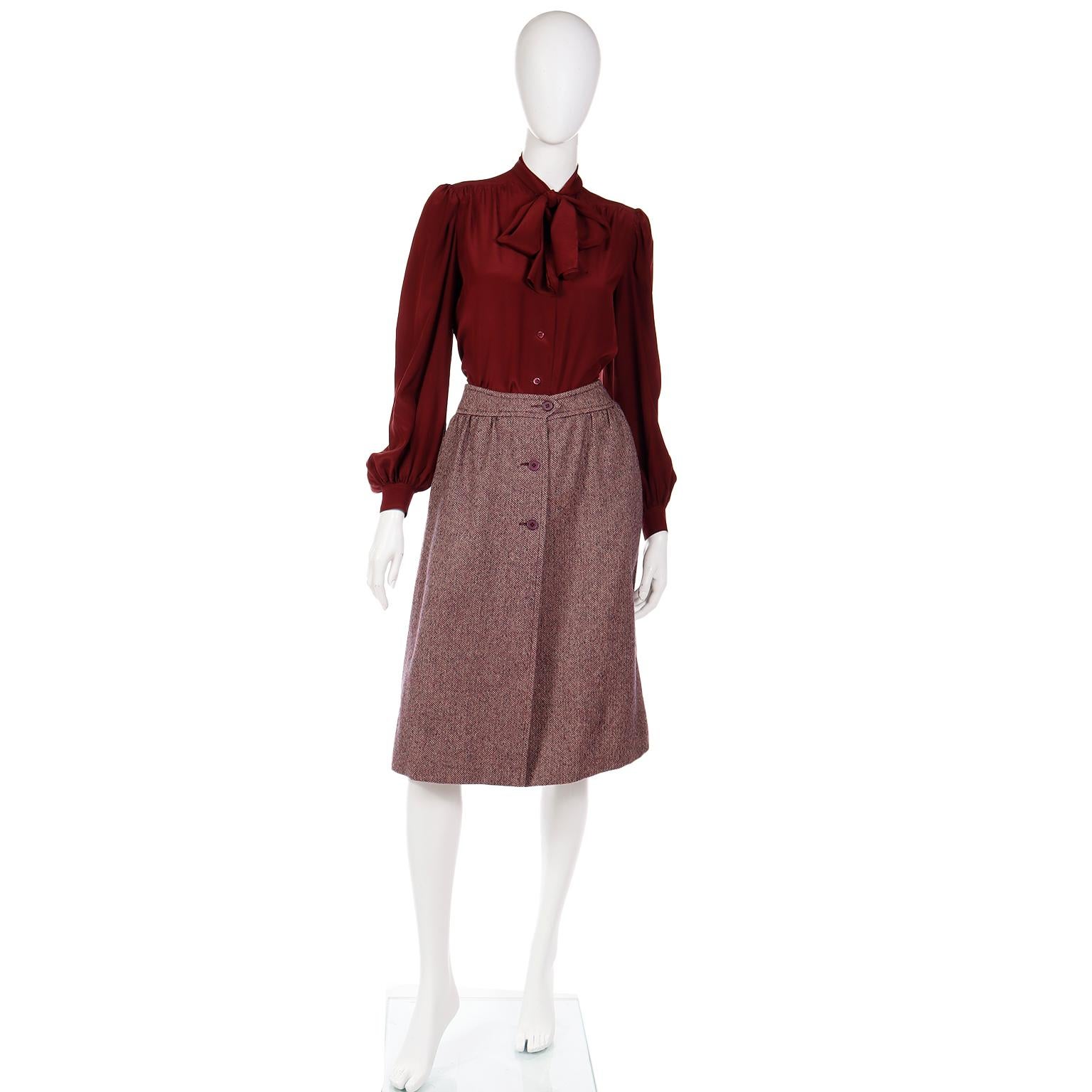 Jean Patou Vintage 3 Piece Burgundy Plaid Culotte Skirt Vest & Blouse Outfit For Sale 1