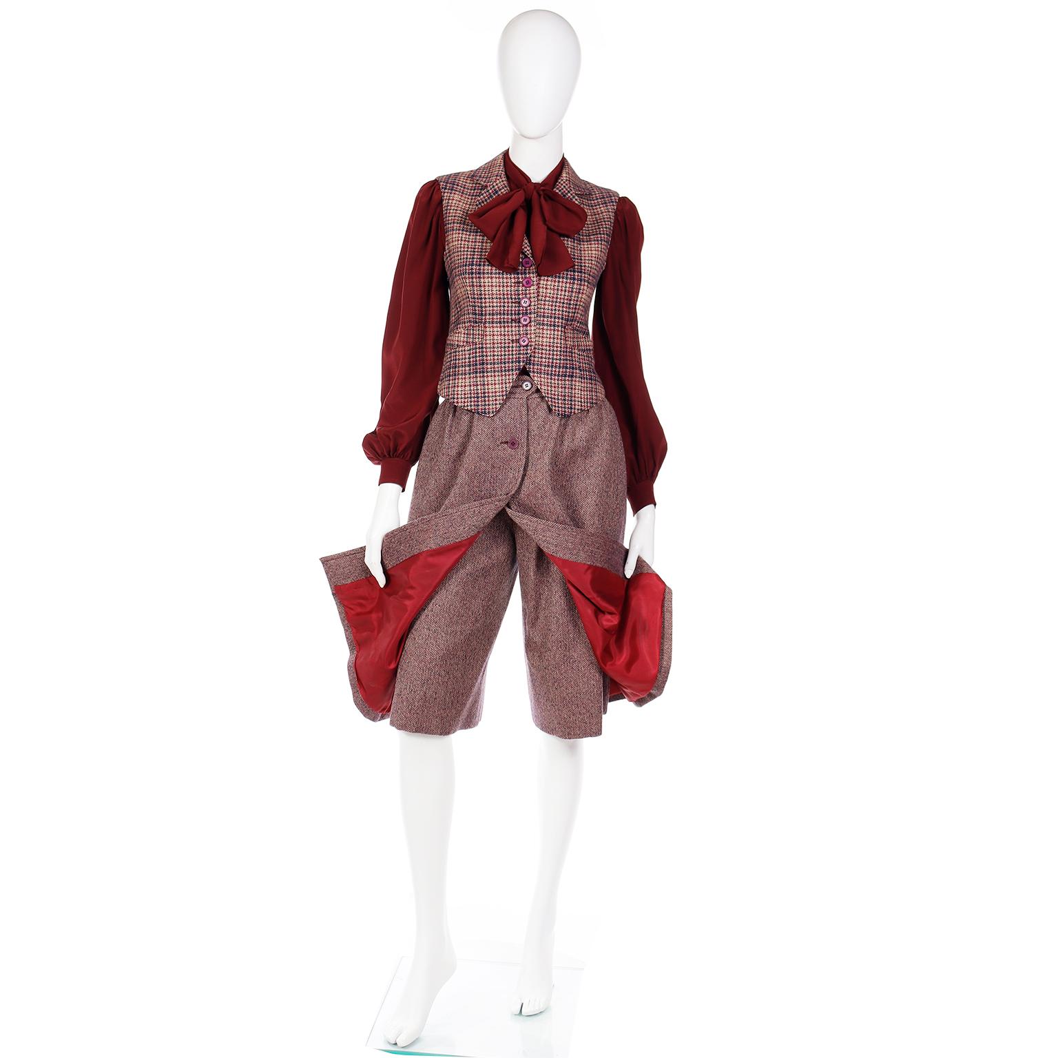 Jean Patou Vintage 3 Piece Burgundy Plaid Culotte Skirt Vest & Blouse Outfit For Sale 2