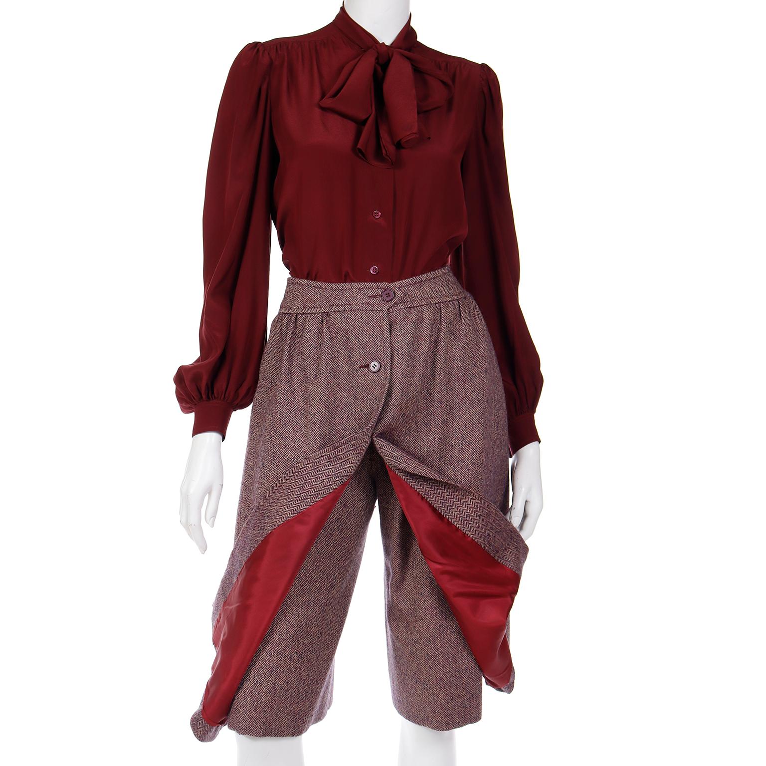 Jean Patou Vintage 3 Piece Burgundy Plaid Culotte Skirt Vest & Blouse Outfit For Sale 3