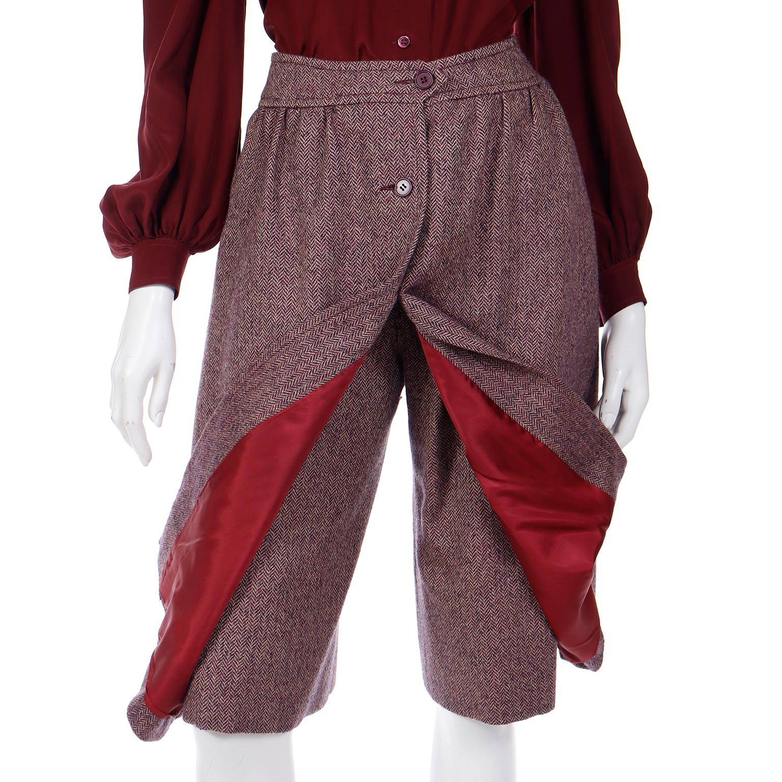 Jean Patou Vintage 3 Piece Burgundy Plaid Culotte Skirt Vest & Blouse Outfit For Sale 4