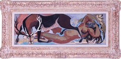 Französische postimpressionistische Gouache eines Akts und eines Hirsches beim Trinken