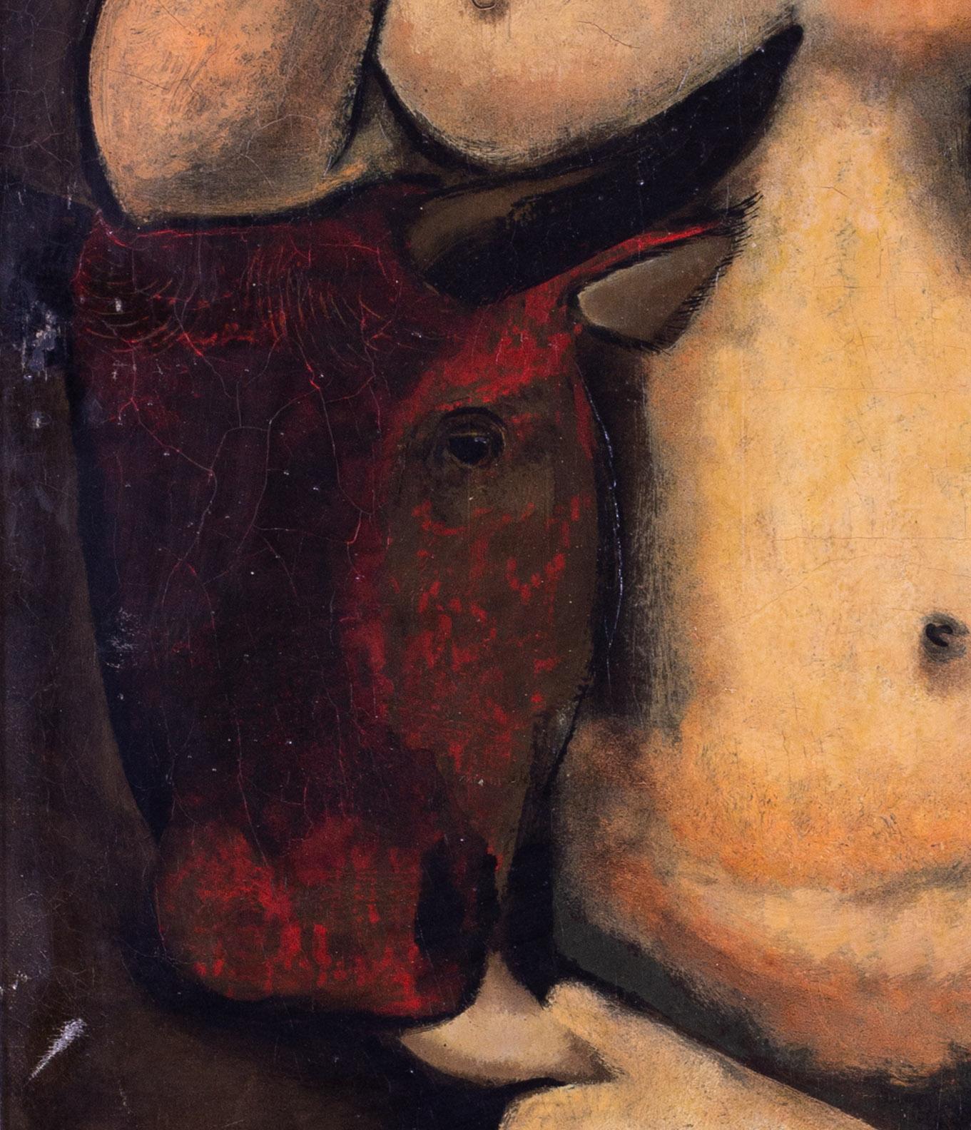 Französisches postimpressionistisches Ölgemälde von Europa, Akt mit einem Stier (Post-Impressionismus), Painting, von Jean-Paul Bray