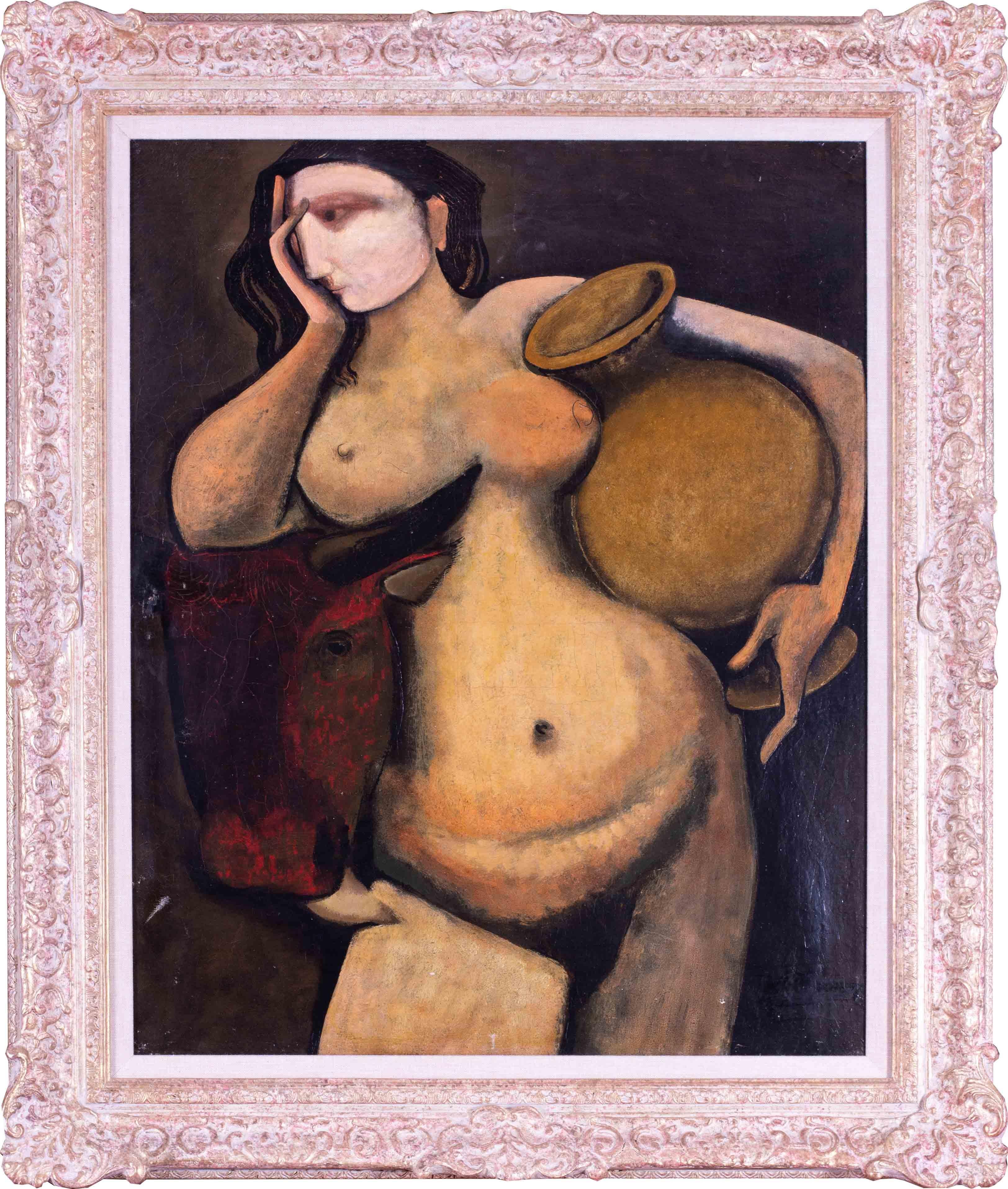 Jean-Paul Bray Nude Painting – Französisches postimpressionistisches Ölgemälde von Europa, Akt mit einem Stier