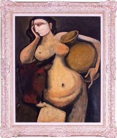 Peinture à l'huile post-impressionniste française d'Europe, un nu avec un taureau