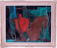 Vintage Post Impressionist nude oil painting in reds and greens by Jean-Paul Bray